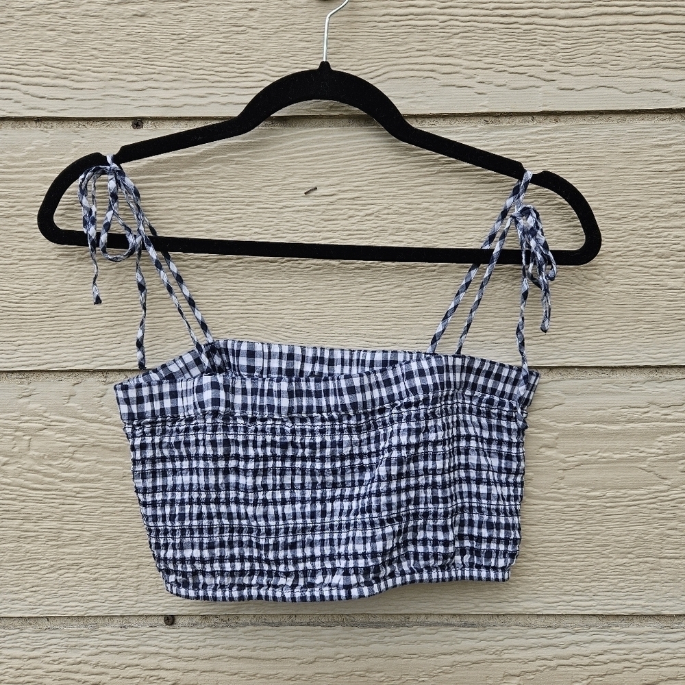 J. Crew Cotton Voile Smocked bandeau top navy white gingham small